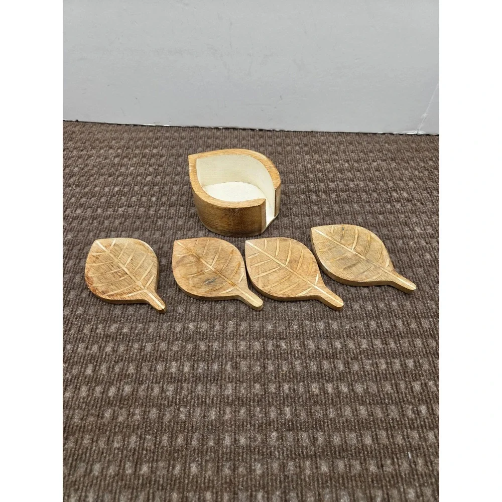 Vintage Wooden Leaf Coaster Set with Holder 4 Piece Natural Wood Carved Design